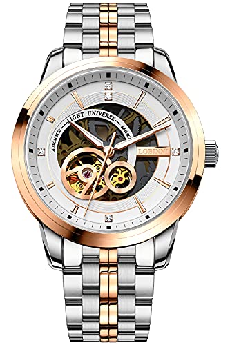 Lobinni Herren Golden Edelstahl Skelett Automatisch Mechanisch Kleid Analog Business Freizeit Mode Luxus Kalender Uhr, roséweiß, Mechanisch von LOBINNI