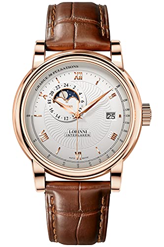 Lobinni Herren Mondphase Edelstahl Automatisch Mechanische Kleid Analog Business Casual Mode Luxus Kalender Uhr, Rosé-Weiß-L, Mechanisch von LOBINNI