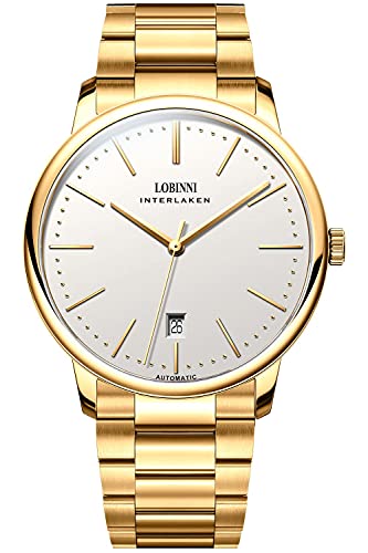 Lobinni Herren Top Marke Ultra Dünn Automatik Mechanische Edelstahl Kalender Mode Business Freizeit Armbanduhr, Gold-Weiß, Mechanisch von LOBINNI