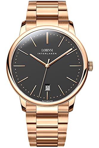 Lobinni Herren Top Marke Ultra Dünn Automatik Mechanische Edelstahl Kalender Mode Business Freizeit Armbanduhr, Rose-Black von LOBINNI