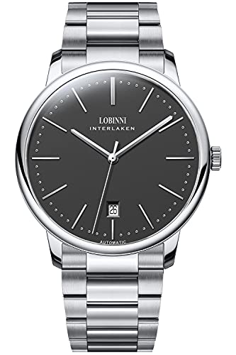 Lobinni Herren Top Marke Ultra Dünn Automatik Mechanische Edelstahl Kalender Mode Business Freizeit Armbanduhr, Silber-Schwarz-L, Mechanisch von LOBINNI