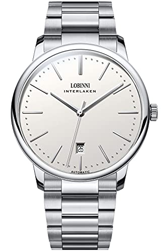 Lobinni Herren Top Marke Ultra Dünn Automatik Mechanische Edelstahl Kalender Mode Business Freizeit Armbanduhr, Silberfarben/Weiß, Mechanisch von LOBINNI