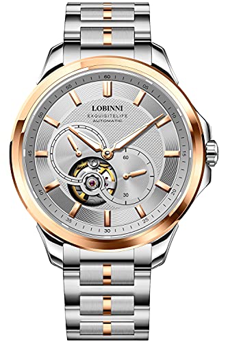 LOBINNI Herren-Armbanduhr, mechanisch, Edelstahl, modisch, modisch, modisch, für Business und Freizeit, roséweiß, Mechanisch von LOBINNI