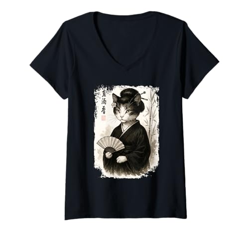 Damen Funny Kitty Katze Geisha mit Kimono Japan Design T-Shirt mit V-Ausschnitt Damen Funny Kitty Katze Geisha mit Kimono Japan Design T-Shirt mit V-Ausschnitt von Lobro Design