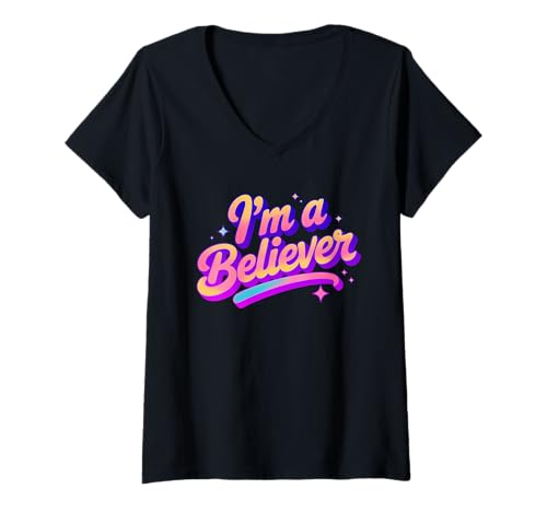 Damen I am a Believer Pink Disco Vintage Party Dance Design T-Shirt mit V-Ausschnitt Damen I am a Believer Pink Disco Vintage Party Dance Design T-Shirt mit V-Ausschnitt von Lobro Design
