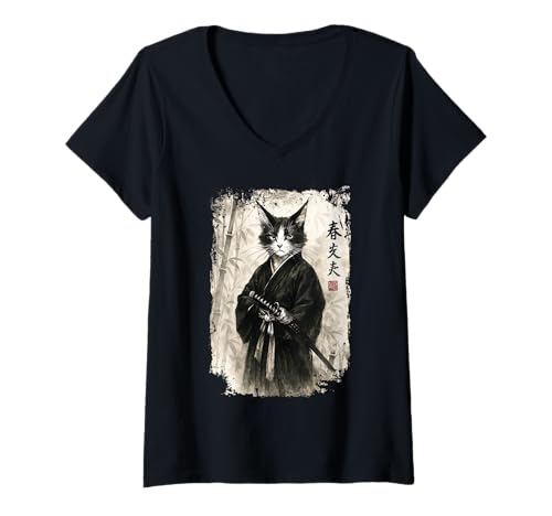Damen Japanische Tuschekunst Samurai Krieger Katze Sumi-e Japan Design T-Shirt mit V-Ausschnitt Damen Japanische Tuschekunst Samurai Krieger Katze Sumi-e Japan Design T-Shirt mit V-Ausschnitt von Lobro Design