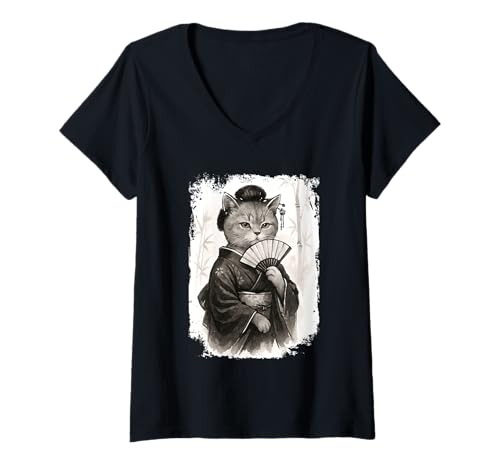 Damen Lustige Britische Kurzhaar-Katze, Geisha mit Kimono, Japanisches Design T-Shirt mit V-Ausschnitt Damen Lustige Britische Kurzhaar-Katze, Geisha mit Kimono, Japanisches Design T-Shirt mit V-Ausschnitt von Lobro Design