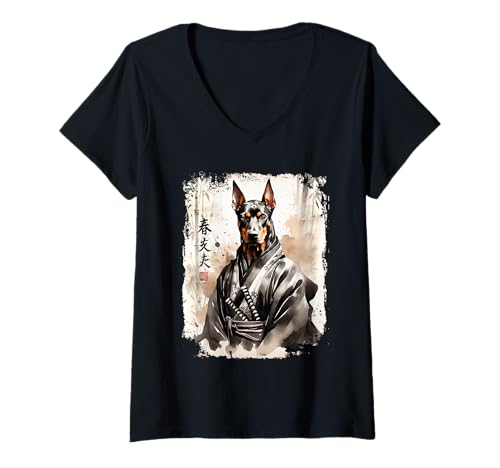Damen Samurai Dobermann Dog Warrior Japanische Tinte Kunst Japan Design T-Shirt mit V-Ausschnitt Damen Samurai Dobermann Dog Warrior Japanische Tinte Kunst Japan Design T-Shirt mit V-Ausschnitt von Lobro Design