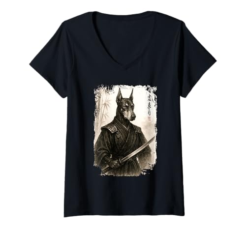 Damen Samurai Dobermann Pinscher Hund Ninja Krieger Japanisches Design T-Shirt mit V-Ausschnitt Damen Samurai Dobermann Pinscher Hund Ninja Krieger Japanisches Design T-Shirt mit V-Ausschnitt von Lobro Design