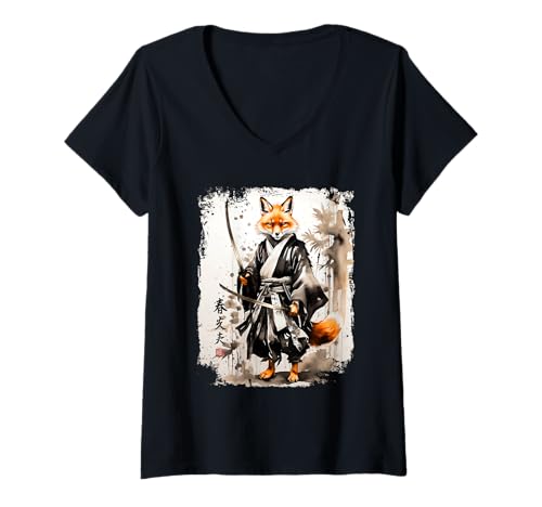 Damen Samurai Fox Warrior Japanische Tinte Kunst Japan Design T-Shirt mit V-Ausschnitt Damen Samurai Fox Warrior Japanische Tinte Kunst Japan Design T-Shirt mit V-Ausschnitt von Lobro Design
