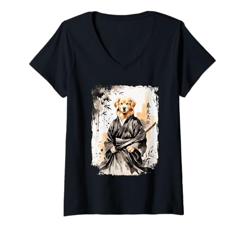 Damen Samurai Labrador Retriever Hundekrieger Japanisches Design T-Shirt mit V-Ausschnitt von Lobro Design