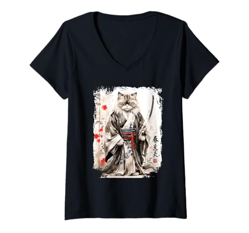 Damen Samurai Persische Katzenkrieger Japanisches Design T-Shirt mit V-Ausschnitt von Lobro Design