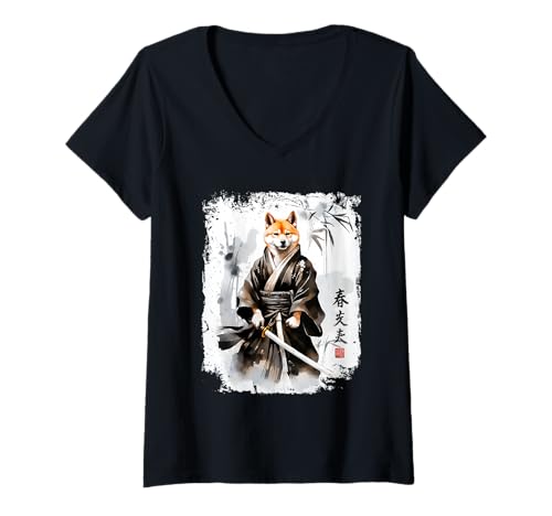 Damen Samurai Shiba Inu Dog Warrior Ink Japanese Design T-Shirt mit V-Ausschnitt von Lobro Design