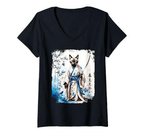 Damen Samurai Siamesische Katzenkrieger Japanische Tinte Kunst Japan Design T-Shirt mit V-Ausschnitt Damen Samurai Siamesische Katzenkrieger Japanische Tinte Kunst Japan Design T-Shirt mit V-Ausschnitt von Lobro Design