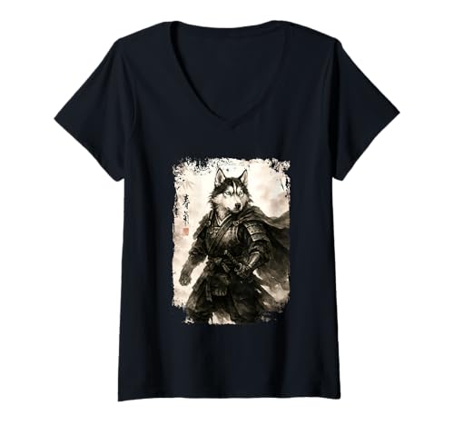 Damen Samurai Sibirischer Husky Hund Ninja Krieger Japan Design T-Shirt mit V-Ausschnitt Damen Samurai Sibirischer Husky Hund Ninja Krieger Japan Design T-Shirt mit V-Ausschnitt von Lobro Design
