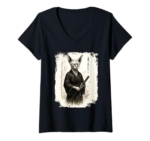 Damen Samurai Sphynx Kitty Cat Warrior Ninja Japan Design T-Shirt mit V-Ausschnitt Damen Samurai Sphynx Kitty Cat Warrior Ninja Japan Design T-Shirt mit V-Ausschnitt von Lobro Design