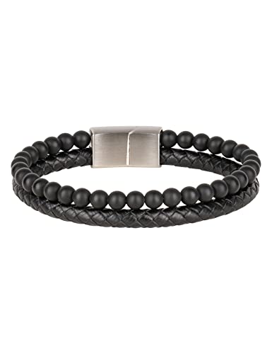 Lobstein & Söhne Arthur Herren Armband - Schmuckstein-Perlen und Kunstlederband mit Edelstahlverschluss, schlichtes und minimalistisches Design für jeden Anlass, stilvoll verpackt (Schwarz/Silber) von Lobstein & Söhne