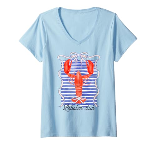 Damen Vintage Lobster Club Coquette Bow Foodie Ocean Aesthetic T-Shirt mit V-Ausschnitt Damen Vintage Lobster Club Coquette Bow Foodie Ocean Aesthetic T-Shirt mit V-Ausschnitt von Lobster Lover Gifts & Seafood Festival Apparel