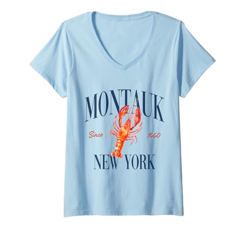 Damen Montauk New York Est. 1660 - Old Money, Ästhetisch, Retro T-Shirt mit V-Ausschnitt Damen Montauk New York Est. 1660 - Old Money, Ästhetisch, Retro T-Shirt mit V-Ausschnitt von Lobster Souvenir Tees, Fishing Souvenir East Coast