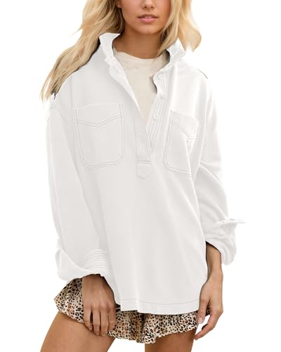 Locachy Damen Casual Oversized Rollkragen Sweatshirt Revers Langarm Knopf Pullover Tops Mode Outfits Kleidung, Weiss/opulenter Garten, Klein von Locachy