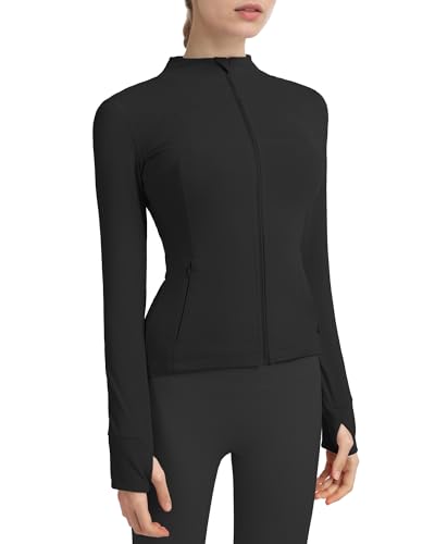 Locachy Damen-Sportjacke mit durchgehendem Reißverschluss, enge Passform, ideal für Jogging, Training und Workout, mit Taschen und Daumenlöchern, XL von Locachy