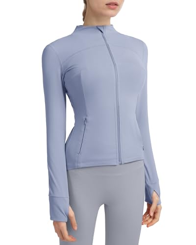 Locachy Damen-Sportjacke mit durchgehendem Reißverschluss, enge Passform, ideal für Laufen, Training und Workout, mit Taschen und Daumenlöchern, M von Locachy