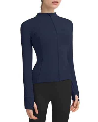 Locachy Damen-Sportjacke mit durchgehendem Reißverschluss, enge Passform, ideal für Laufen, Training und Workout, mit Taschen und Daumenlöchern, M von Locachy