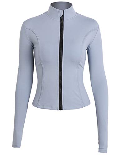 Locachy Damen-Sportjacke mit durchgehendem Reißverschluss, enge Passform, ideal für Laufen, Training und Workout, mit Taschen, Hell, blau, L von Locachy