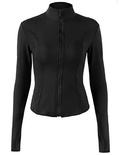Locachy Damen-Sportjacke mit durchgehendem Reißverschluss, enge Passform, ideal für Laufen, Training und Workout, mit Taschen, Schwarz, M von Locachy