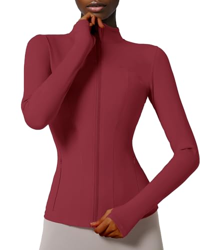 Locachy Damen Slim Fit Full Zip Athletic Running Sport Workout Jacke mit Taschen, Stil 02 Burgunderrot, XL von Locachy