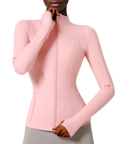 Locachy Damen Slim Fit Full Zip Athletic Running Sport Workout Jacke mit Taschen, Stil 02 Rosa, S von Locachy