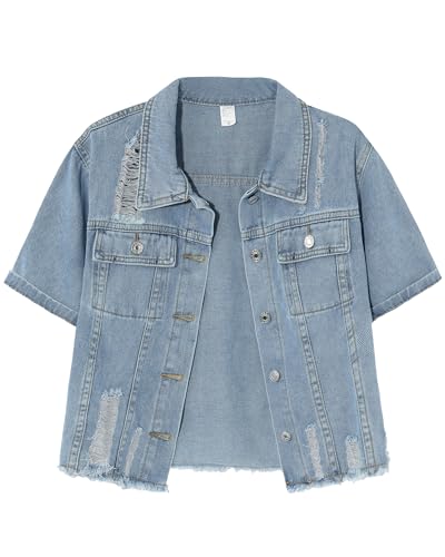 Locachy Damen Sommer Kurzarm Jeansjacke Casual Revers Button Down Cropped Trucker Jeans Jacken Mäntel, Light Denim Blue, X-Large von Locachy