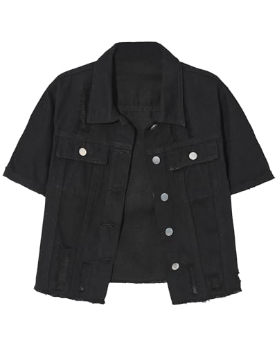 Locachy Damen Sommer Kurzarm Jeansjacke Casual Revers Button Down Cropped Trucker Jeans Jacken Mäntel, Schwarz, X-Large von Locachy