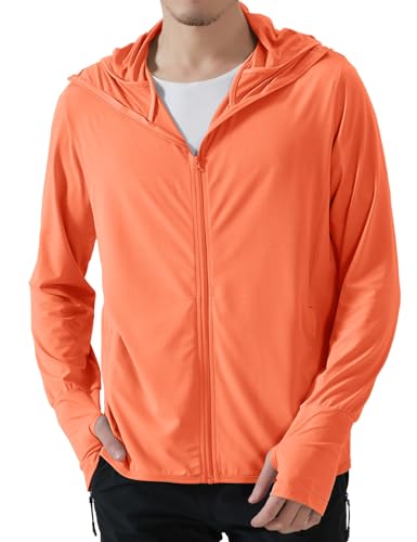 Locachy Herren-Kapuzenjacke mit LSF 50+, Sonnenschutz, Outdoor, leicht, durchgehender Reißverschluss, langärmelig, Angeln, Wandern, Performance-Hemd, Orange/Abendrot im Zickzackmuster (Sunset von Locachy