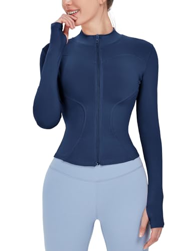 Locachy Leichte Damen-Trainingsjacke mit Daumenlöchern, mit durchgehendem Reißverschluss, Marineblau, XS von Locachy