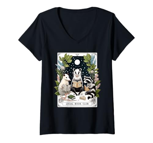 Damen Local Book Club Waschbär und Opossum T-Shirt mit V-Ausschnitt von Local Book Club Raccoon And Opossum Tee