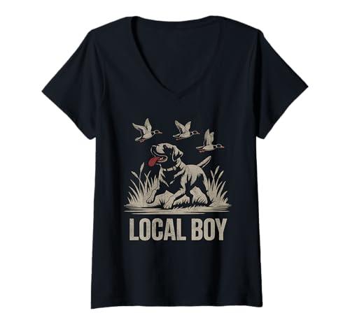 Damen Local Boy Black Lab Hunting Dog Marsh Scene Sunset Vintage T-Shirt mit V-Ausschnitt von Local Boy Black Lab Hunting Dog Lover Marsh Sunset