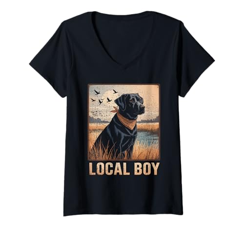 Damen Local Boy Black Lab Hunting Dog Marsh Scene Sunset Vintage T-Shirt mit V-Ausschnitt von Local Boy Black Lab Hunting Dog Lover Marsh Sunset