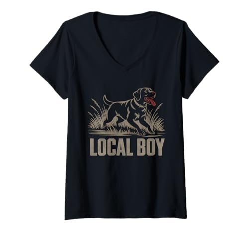 Damen Local Boy Black Lab Hunting Dog Marsh Scene Sunset Vintage T-Shirt mit V-Ausschnitt von Local Boy Black Lab Hunting Dog Lover Marsh Sunset