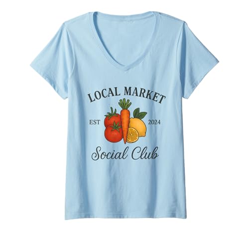 Damen Lokaler Markt Social Club Veggie Zitrone Karotte Tomate T-Shirt mit V-Ausschnitt Damen Lokaler Markt Social Club Veggie Zitrone Karotte Tomate T-Shirt mit V-Ausschnitt von Local Community Club Farming