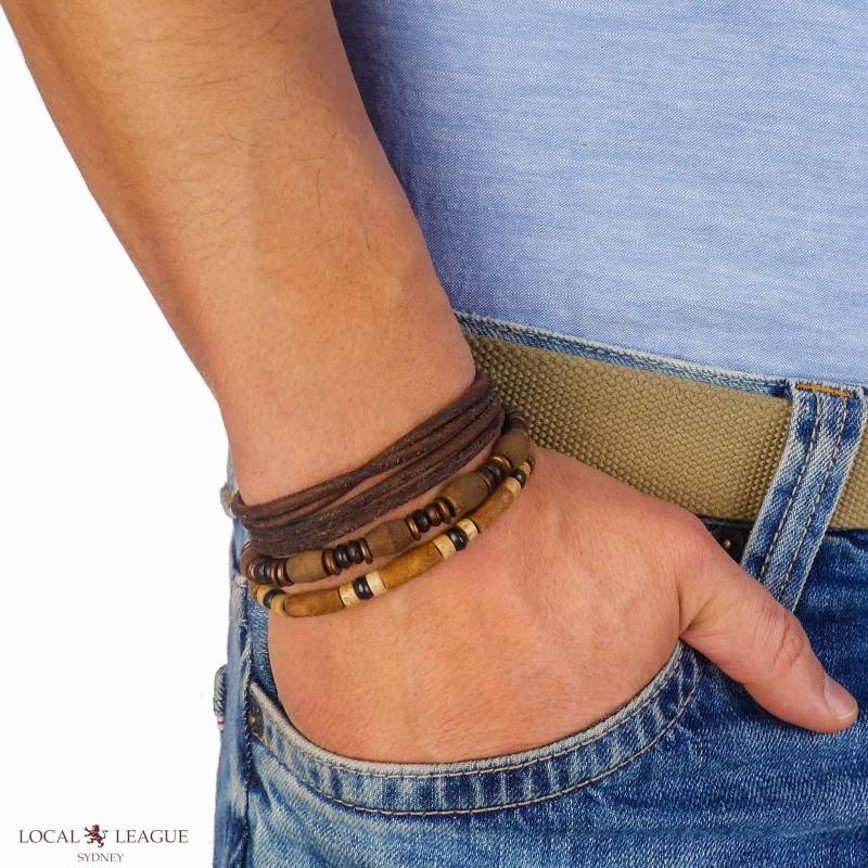 Surfer Perlenarmband Set Surf Crew Hawaii Herren Verstellbare Lederschnur Holzperlen Armband Wrap Mann Urlaub Strand Clubbing Geburtstagsgeschenk von LocalLeagueCo