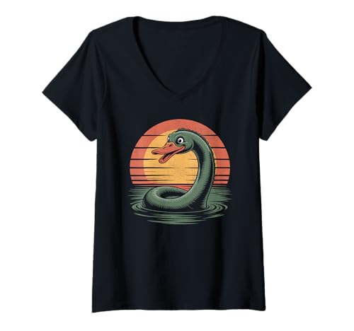 Damen Lustiges Loch Ness Monster Ente Gesicht T-Shirt mit V-Ausschnitt Damen Lustiges Loch Ness Monster Ente Gesicht T-Shirt mit V-Ausschnitt von Lochness duck monster