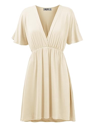 Lock and Love Damen-Sommerkleid, kurzärmelig, Kimono-Stil, tiefer V-Ausschnitt, lässiges Sommerkleid, Größe S-3XL, Wdr1338_creme, X-Groß von Lock and Love