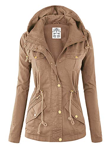 Lock and Love Lässige Militär-Anorakjacke für Damen, leicht, abnehmbare Kapuze, Safari-Utility-Utility, Wjc643_khaki, Large von Lock and Love