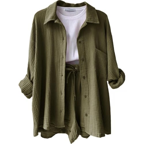 Damen Sommer Outfit Kurze Outfits Zweiteiler Damen Elegant Festlich Zweiteiler Damen Elegant Festlich Sport Kleidung Damen Outfit Musselin Set Damen Loungewear Damen 2 Teiler Set(3-army Green,M) von Lockenstab