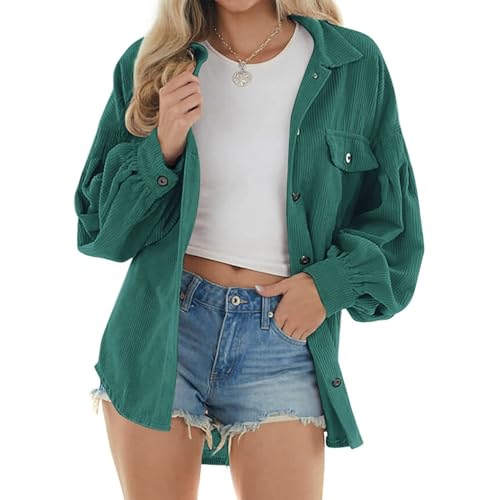 Lockenstab Damen-Cordhemd Mit Knopfleiste Damen-Oversized-Langarmjacke Bluse Oberteile Cordhemd Cordjacke(Green Grün,M) von Lockenstab