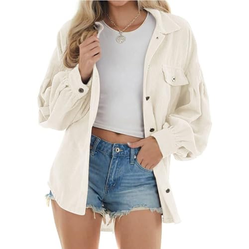 Lockenstab Damen-Cordhemd Mit Knopfleiste Damen-Oversized-Langarmjacke Bluse Oberteile Cordhemd Cordjacke(White Weiß,M) von Lockenstab