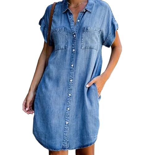 Lockenstab Damen Jeanshemd Kleid Langarm Button Down Casual Jeanskleid, Blau(Short Sleeve,L) von Lockenstab
