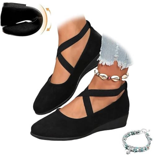 Lockenstab Damenschuhe Mit Überkreuzten Riemen Und Keilabsatz, Ballerinas Mit Runder Zehenpartie Und Keilabsatz, Elegante, Bequeme Slip-On-Schuhe Aus Wildleder for Damen(Black,7 UK Wide) von Lockenstab