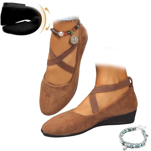 Lockenstab Damenschuhe Mit Überkreuzten Riemen Und Keilabsatz, Ballerinas Mit Runder Zehenpartie Und Keilabsatz, Elegante, Bequeme Slip-On-Schuhe Aus Wildleder for Damen(Brown,4 UK Wide) von Lockenstab